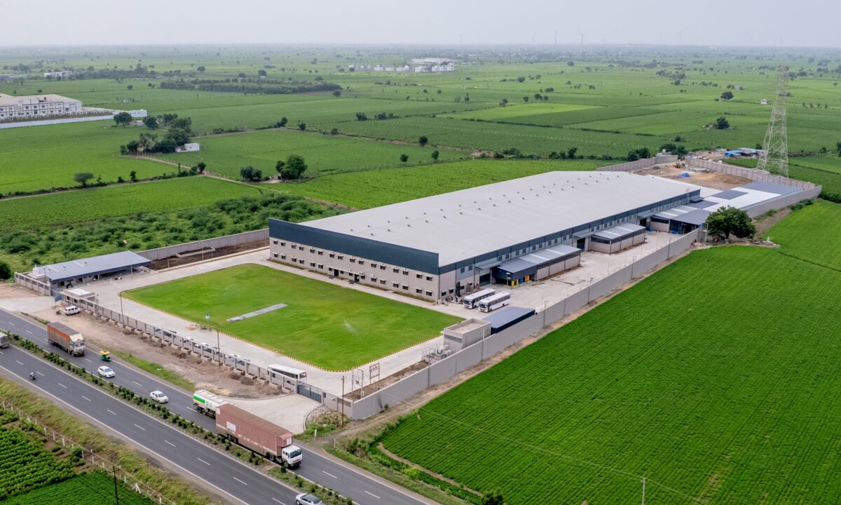 Aerial view of Shiv Om E-Tec precision brass components manufacturing plant on Jamnagar–Rajkot Highway, Gujarat, India