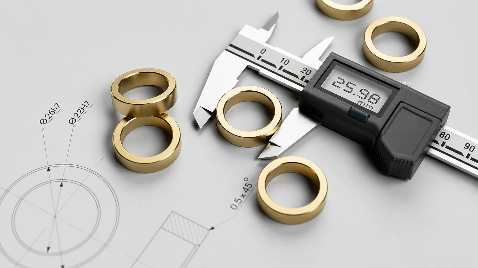 Precision CNC machined copper rings measured with digital caliper, showcasing tight tolerances and quality control in manufacturing