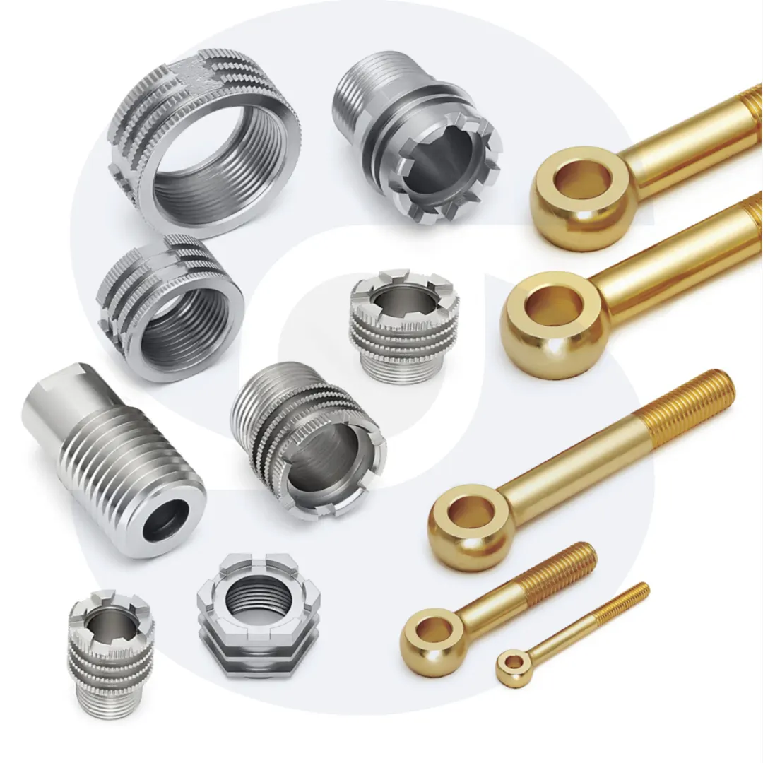 Precision CNC machined stainless steel components including threaded bushes, fittings, and shafts