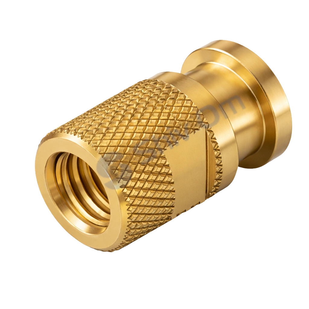 Round brass knurling insert with diamond and straight patterns